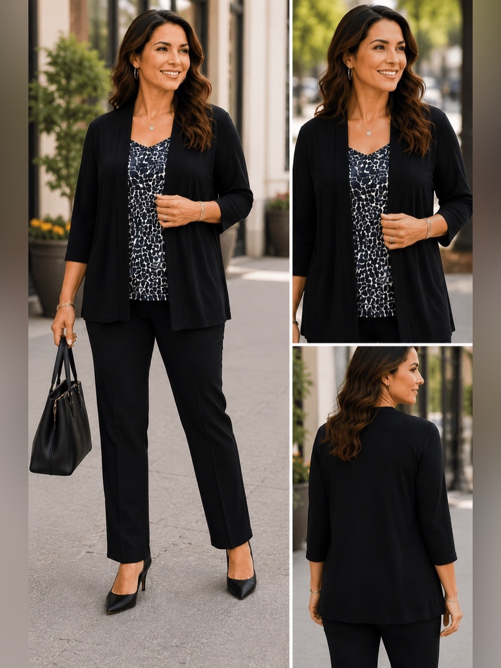 White Stag Animal Print Open Front Cardigan Blouse 1X Black Business Casual